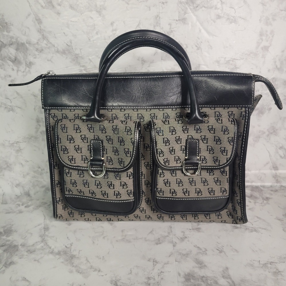 Dooney & Bourke Signature Monogram Satchel Bag Black Grey Leather Trim Cargo